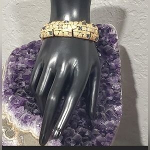 Vtg Trifari Rhinestone Bracelet Blue & Clear Glass Wide Gold Tone 7 1/4"